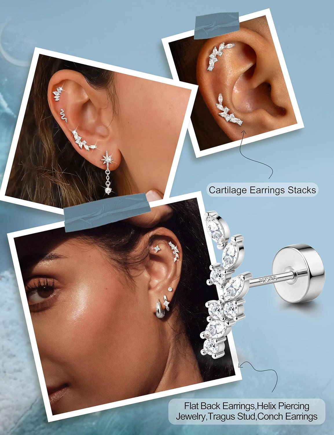 Hypoallergenic Cartilage Earrings for Women Flat Back-925 Sterling Silver Post S