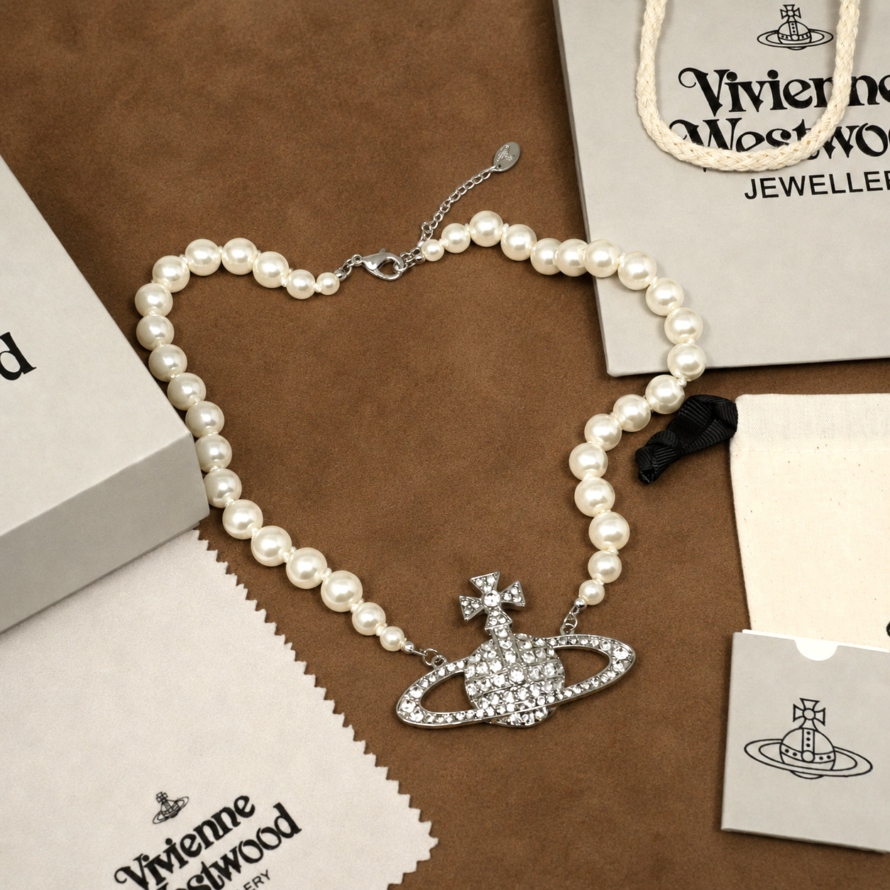 Vivienne Westwood Necklace Single Row Pearl Large Silver Orb Pendant With Box