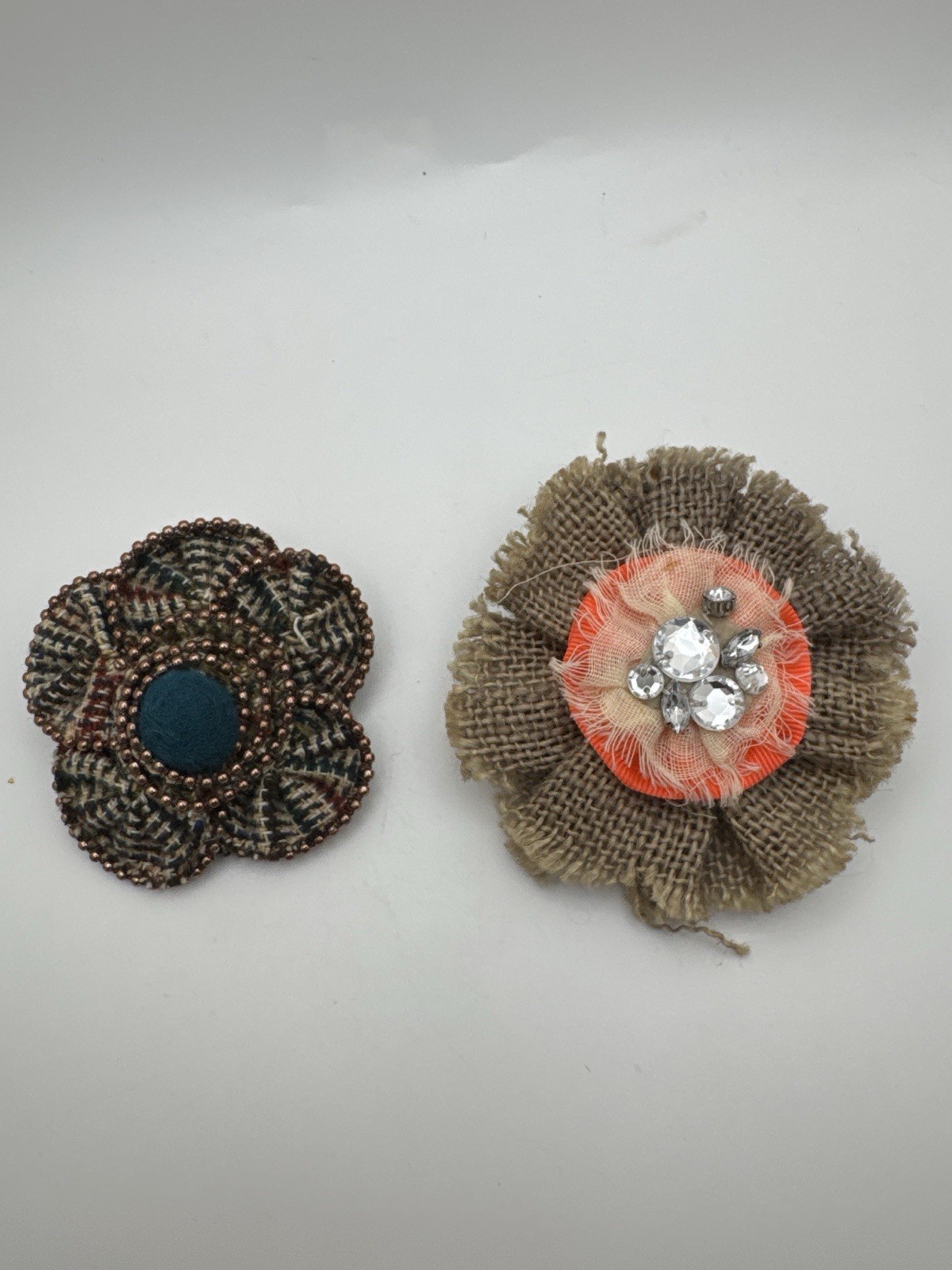 Boho Fabric Flower Brooch Lot Tweed Burlap Rhinestone Rustic Pins