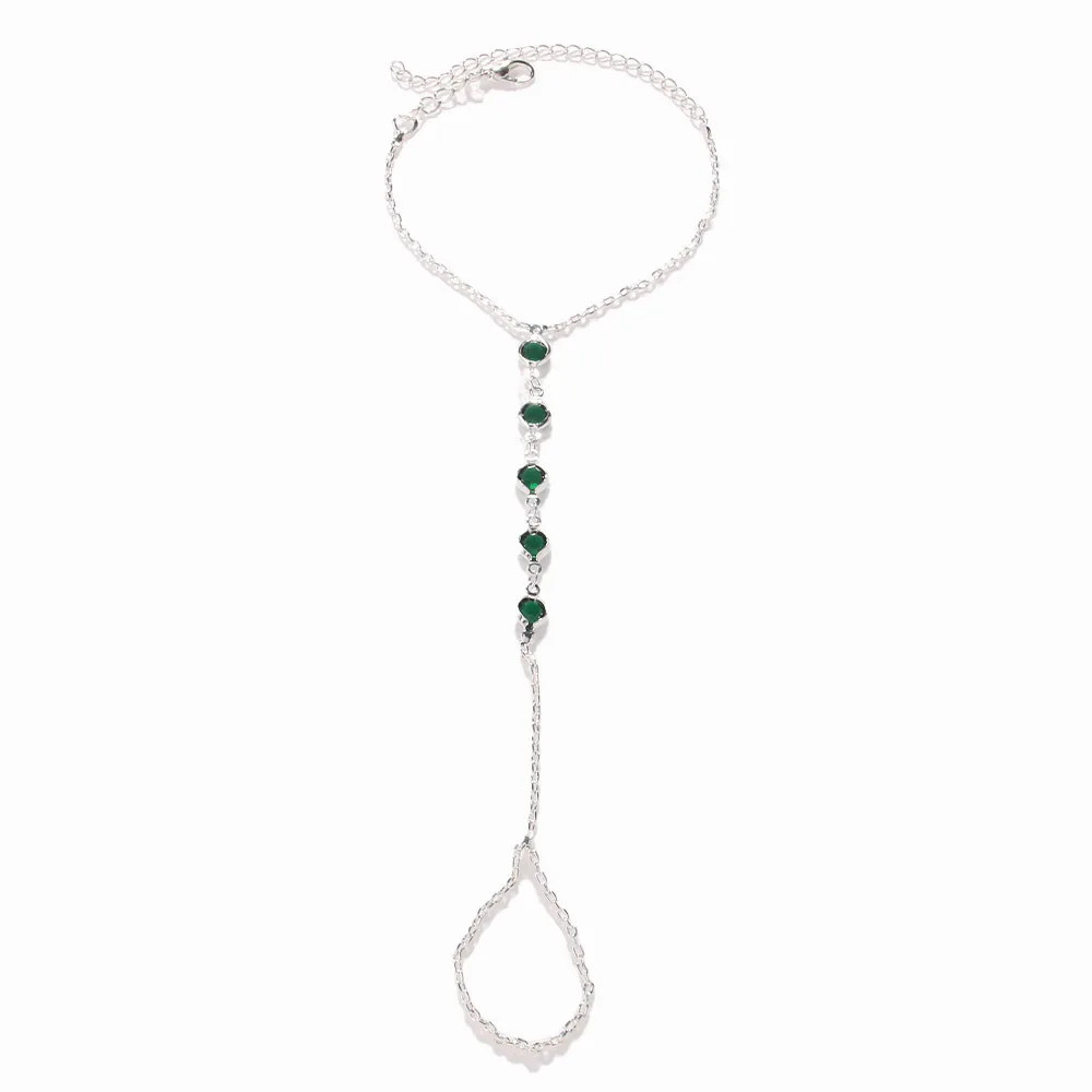 Stainless Steel Hand Chain Bracelet Women Zircon Beaded Link Ring Jewelry