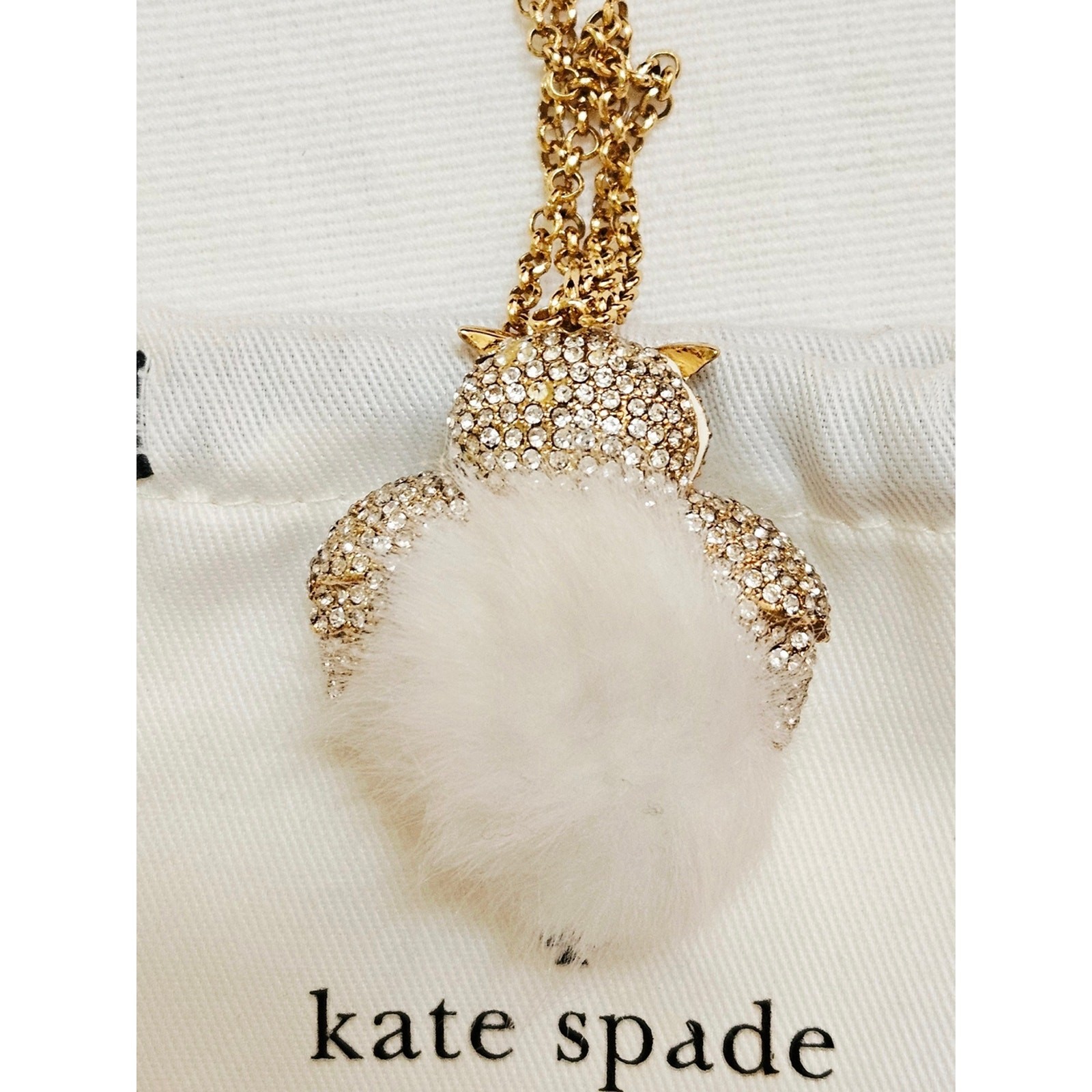 Kate Spade Owl Pendant Necklace White Pom Pom Gold Tone Statement Jewelry