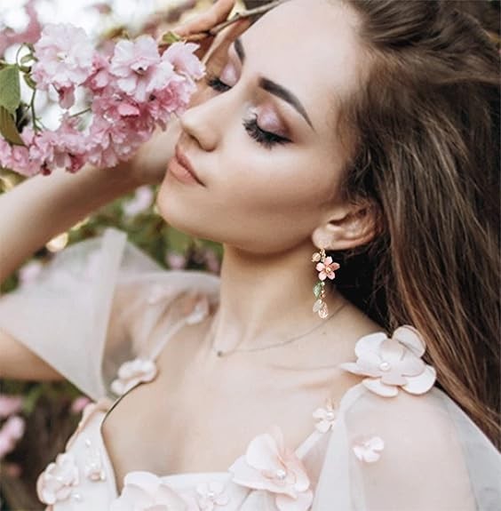 Pink Flower Dangle Earrings for Women Cute Asymmetry Small to Medium, gold