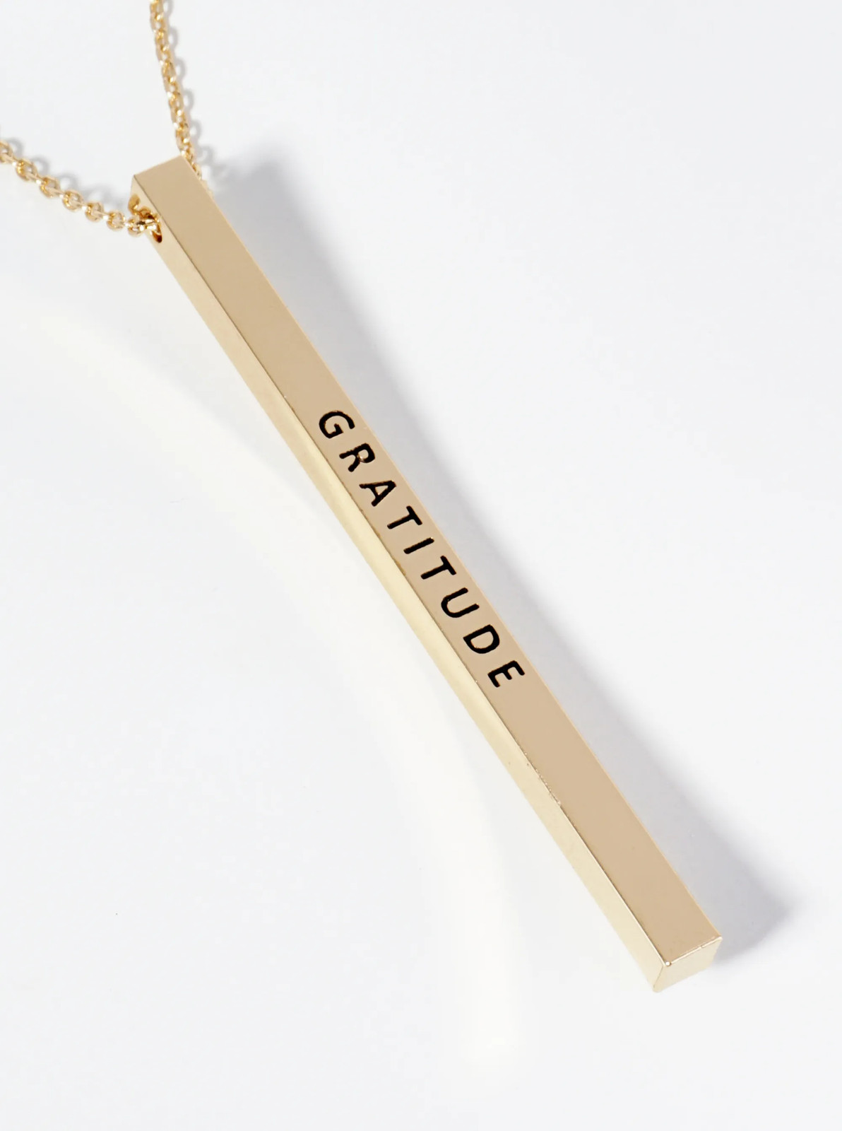Brass Vertical Bar Necklace Engraved Gratitude, 17in, Gold or Silver Tone
