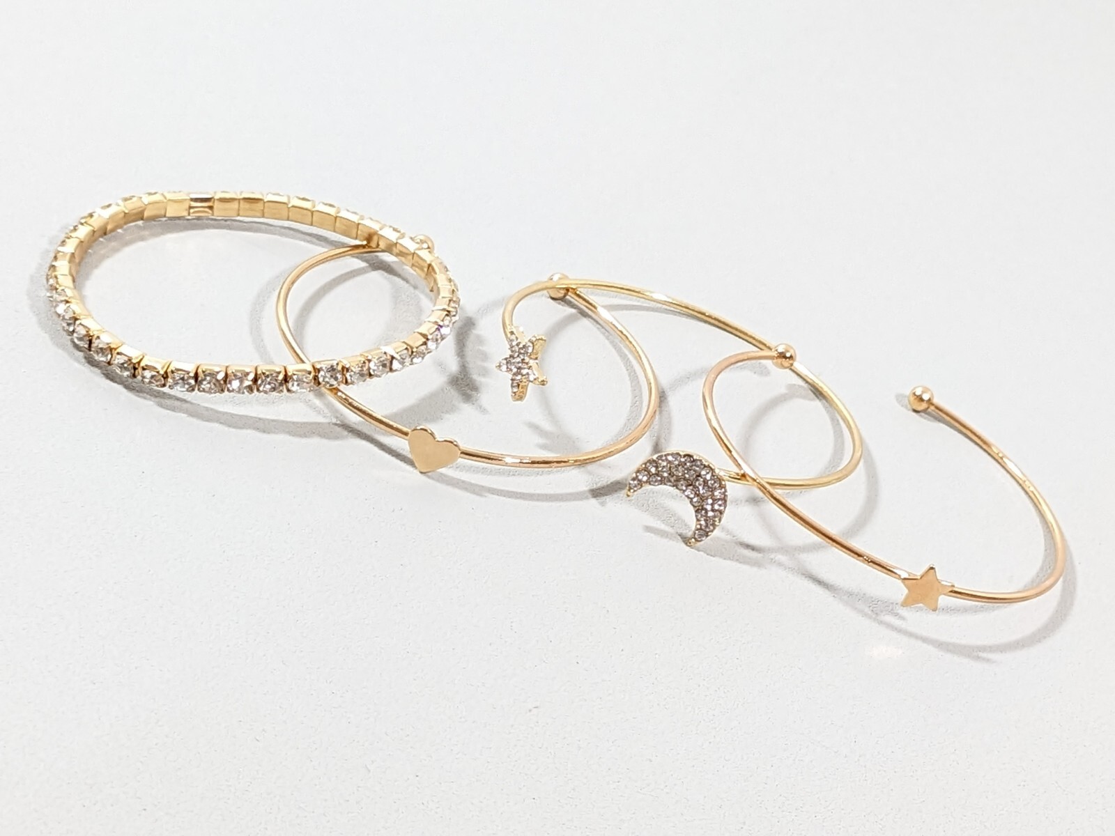 Set of 4 Gold Tone Crystal Crescent Moon Star Heart Tennis Bracelets 6.5 inches