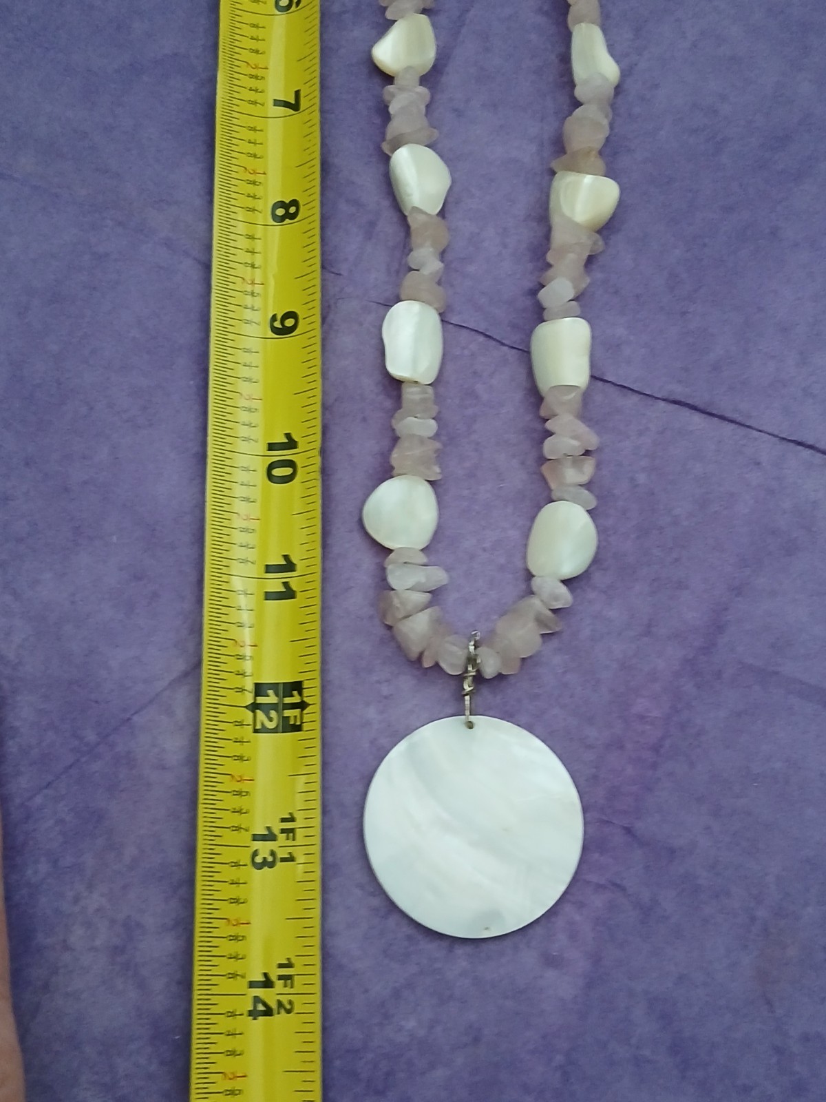 Pink Quartz Chip Beaded Necklace 18″ Mother of Pearl Round Pendant Charm