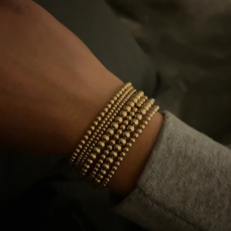 2PCS Vintage Dainty 2-3mm Gold Filled Beaded Layering Bracelet Stretch Jewelry