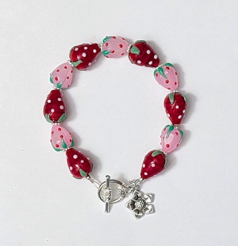 Pink & Red Strawberry Lampwork Glass Beads Bracelet with Toggle Clasp 8″