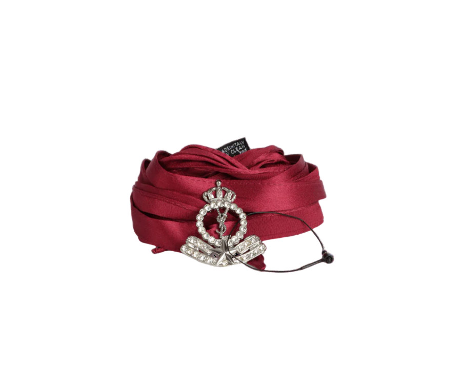 SAINT LAURENT CROWN STAR Interlocking YSL Charm on Silk WRAP CHOKER Necklace