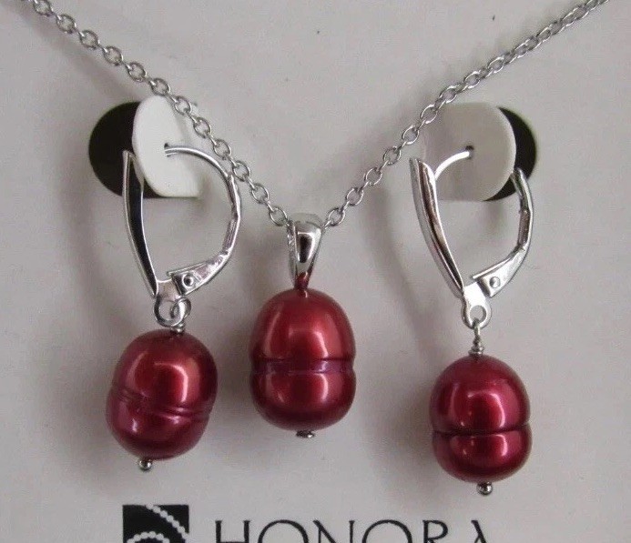 HONORA RHODIUM PLATED Freshwater pearls CHERRY Red AND NECKLACE SET NIB