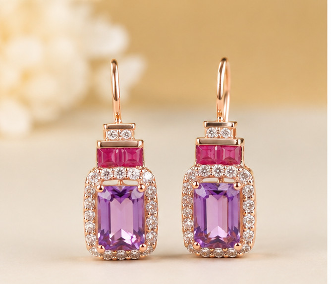 4.50Ct Emerald Cut Simulated Amethyst & Ruby Drop Earrings 14K Rose Gold Plated
