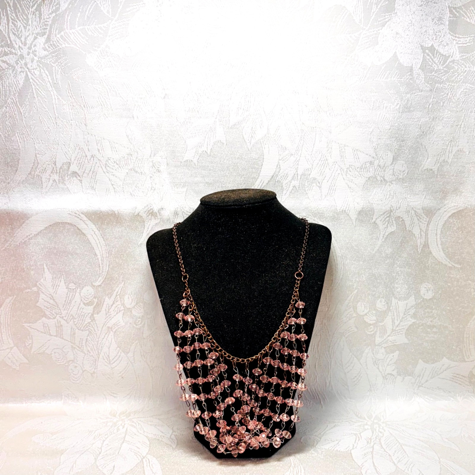 NECKLACE pink acrylic faceted faux gem bib brasstone metal chain lobster clasps