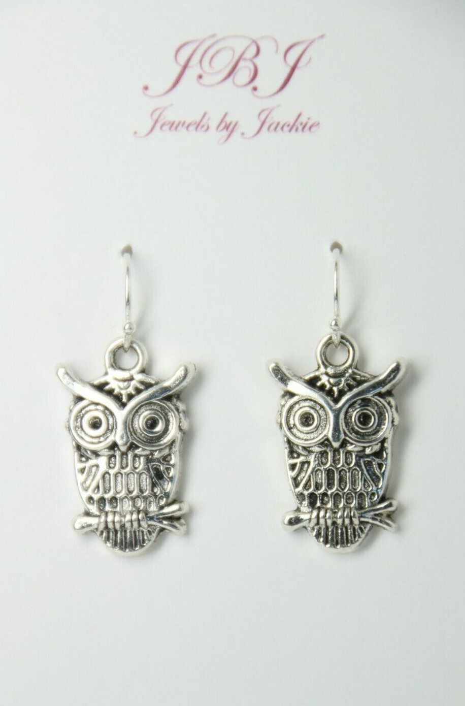 Owl Charm Earrings 925 sterling silver hooks pewter charms 1 1/4″ bird wing Hoot