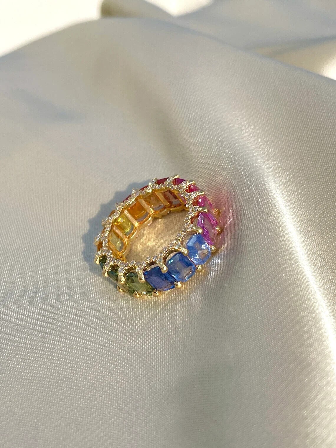 3Ct Emerald Simulated Multi Colour Eternity Ring 14k Yellow Gold Plated Silver
