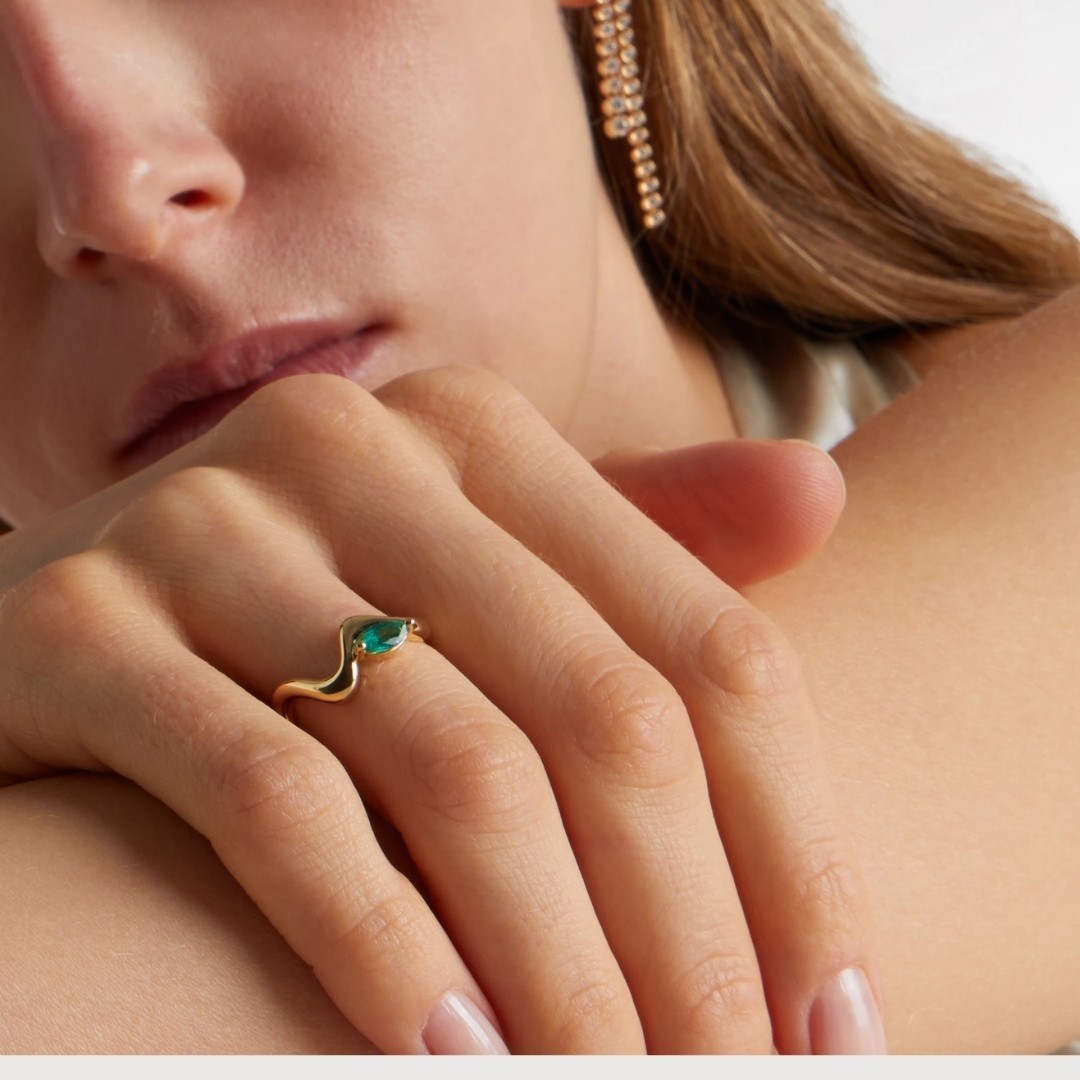 Marquise Emerald Ring Gold Vermeil Wave Ring Organic Statement Ring Gift