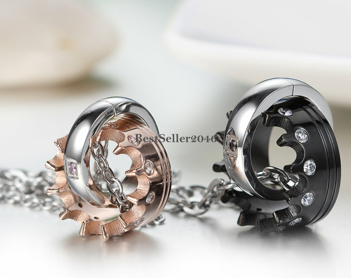 2PCS Stainless Steel His Queen Her King Crown Ring Pendant Couple Necklace Gift