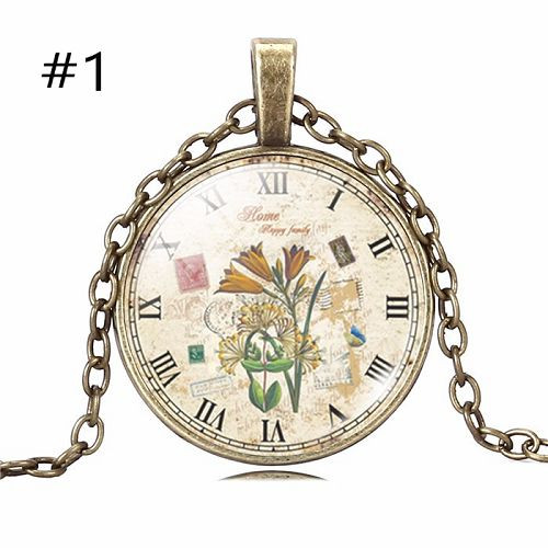 VINTAGE CLOCK ART FASHION CABOCHON NECKLACE PENDANT CHAIN WOMEN JEWELRY CHARM