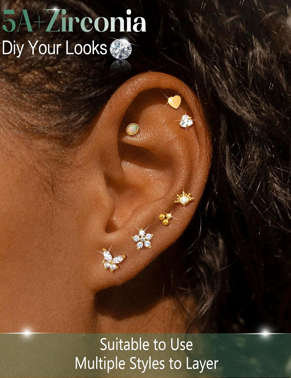 14K Gold Plated Push in Stud Earrings, 316L Surgical Steel Flat Back Earrings Th