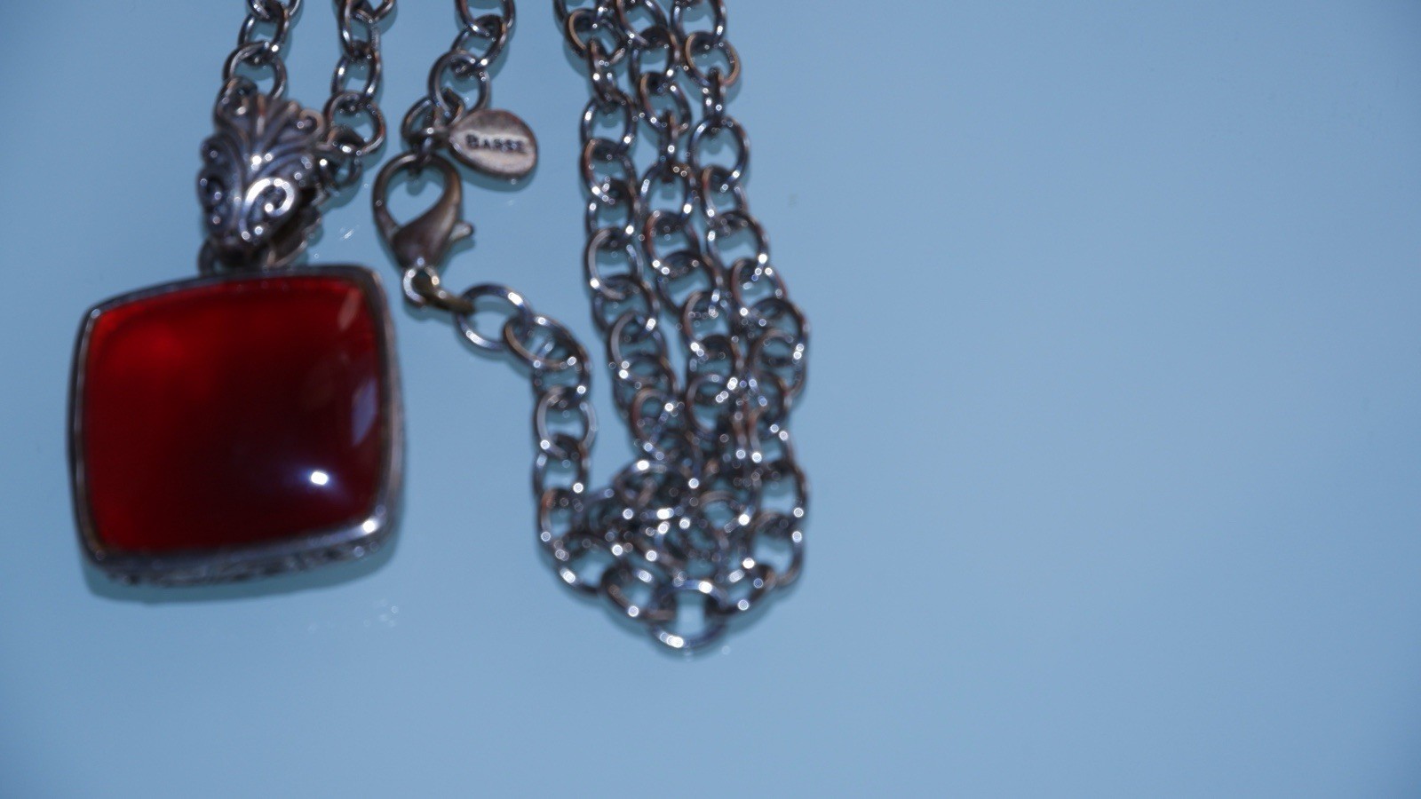 Barse Thailand Red Garnet Cabochon Pendant Silver Filigree Necklace