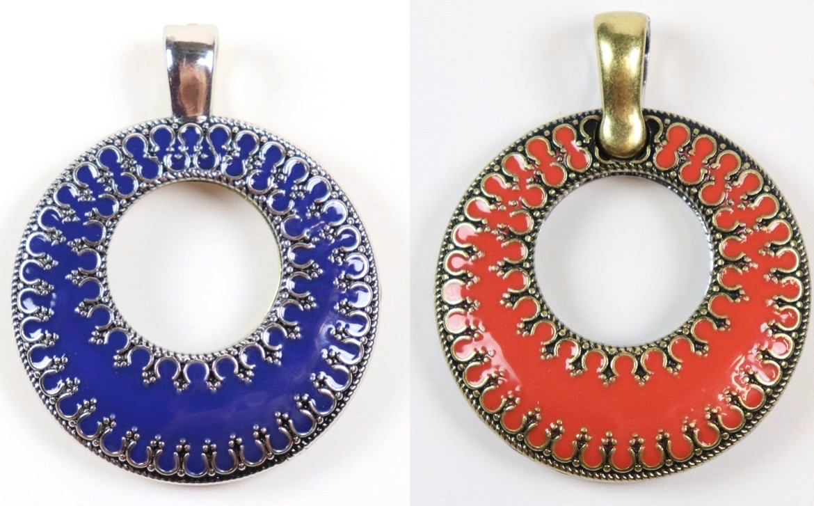 Large Round Silver & Gold Tone Reversible Pink & Purple Statement Pendant Open