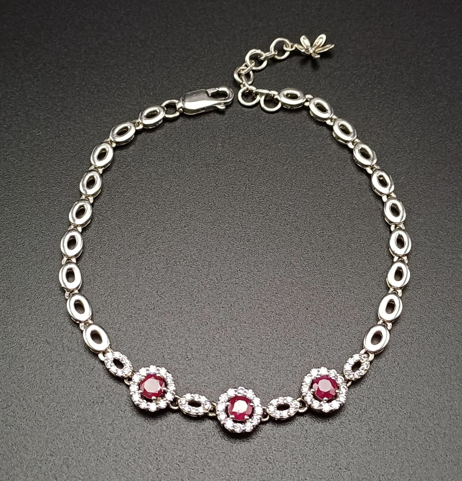 925 Sterling Silver Pink CZ Bracelet Clear Cubic Zirconia Adjustable 7.5-8.5″ 7.