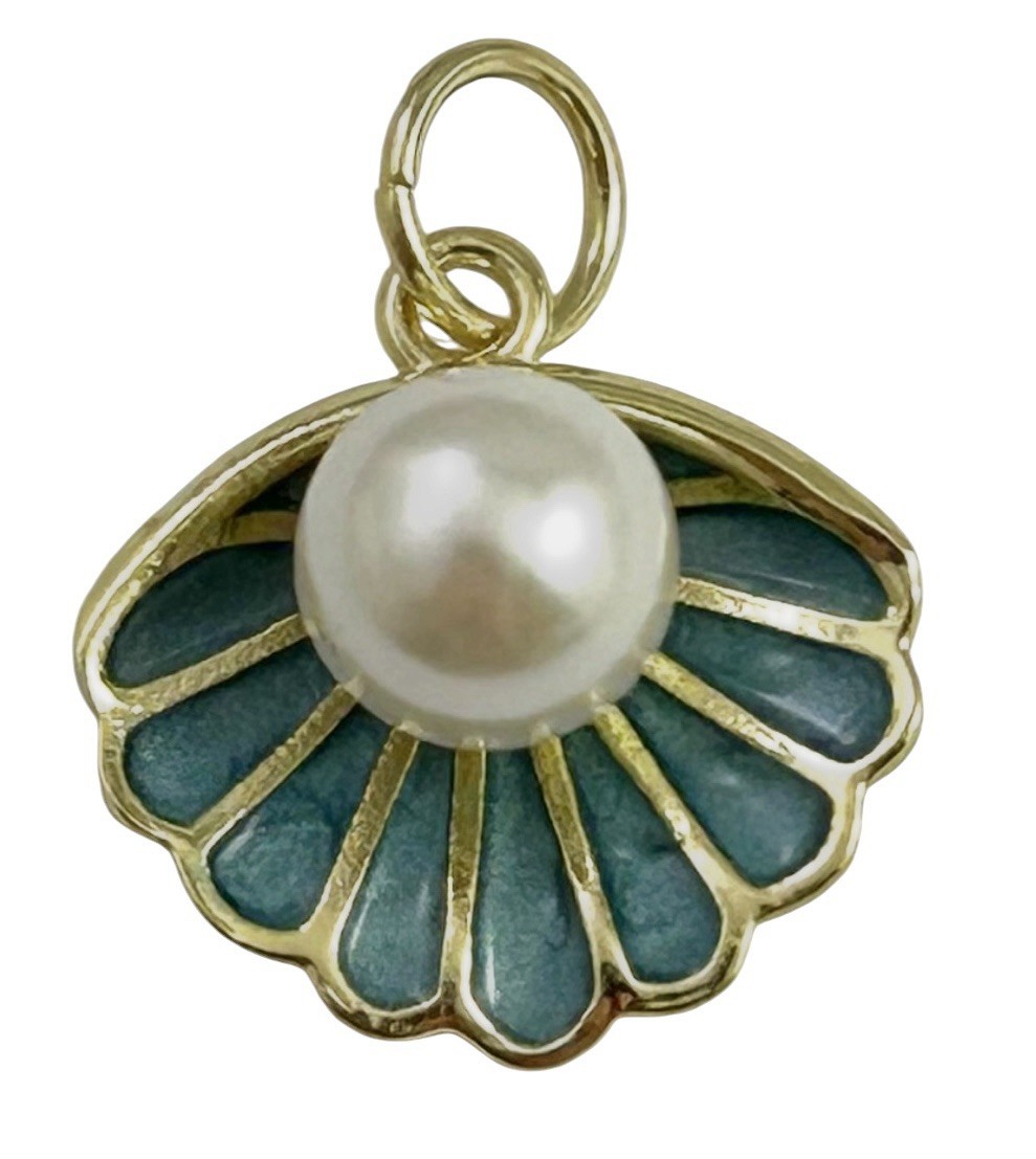 Seashell Charm Necklace Pendant Clamshell Faux Pearl Gold Plated Enamel Jewelry