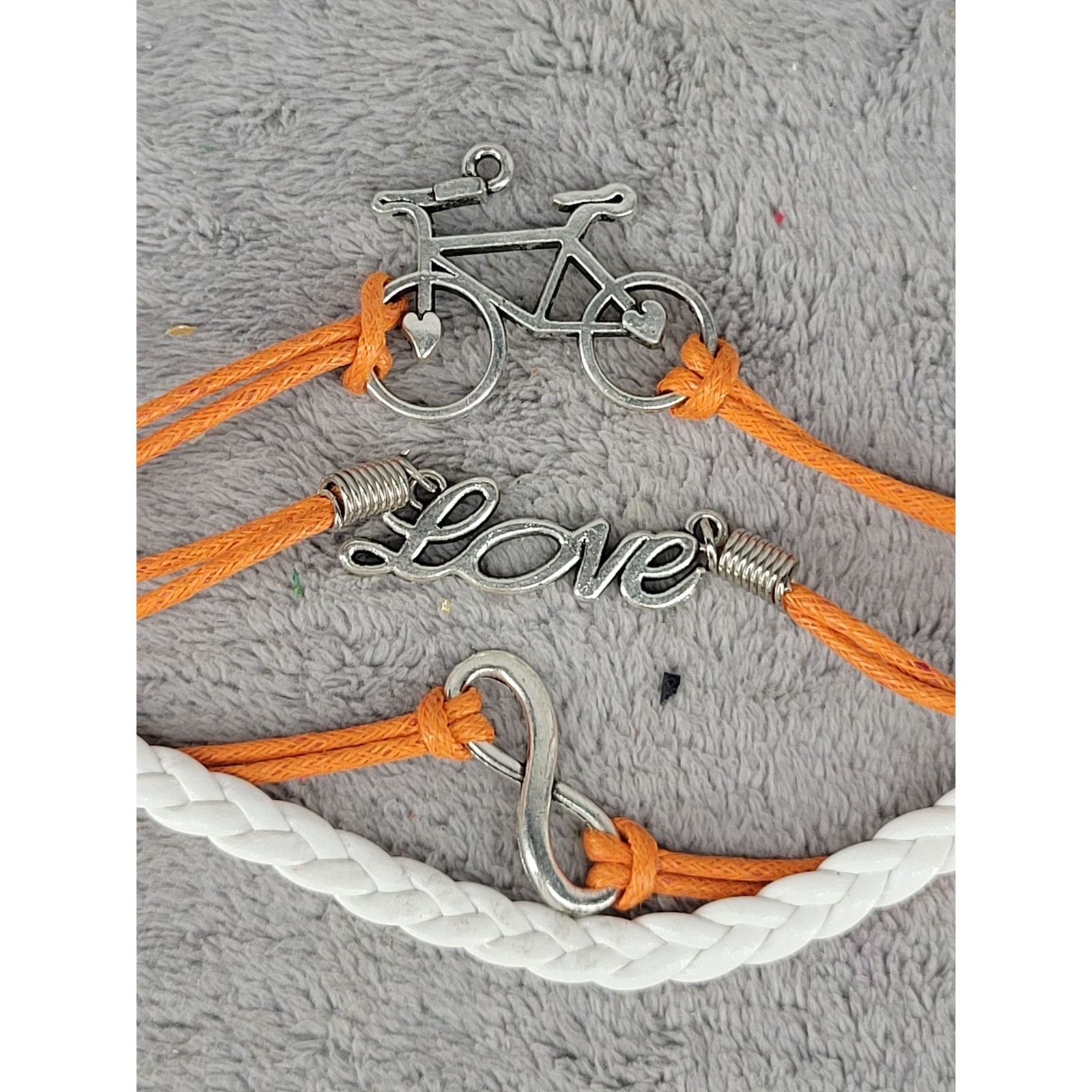 Orange White Braided Cord Bicycle Love Infinity Charm Bracelet Silver Tone