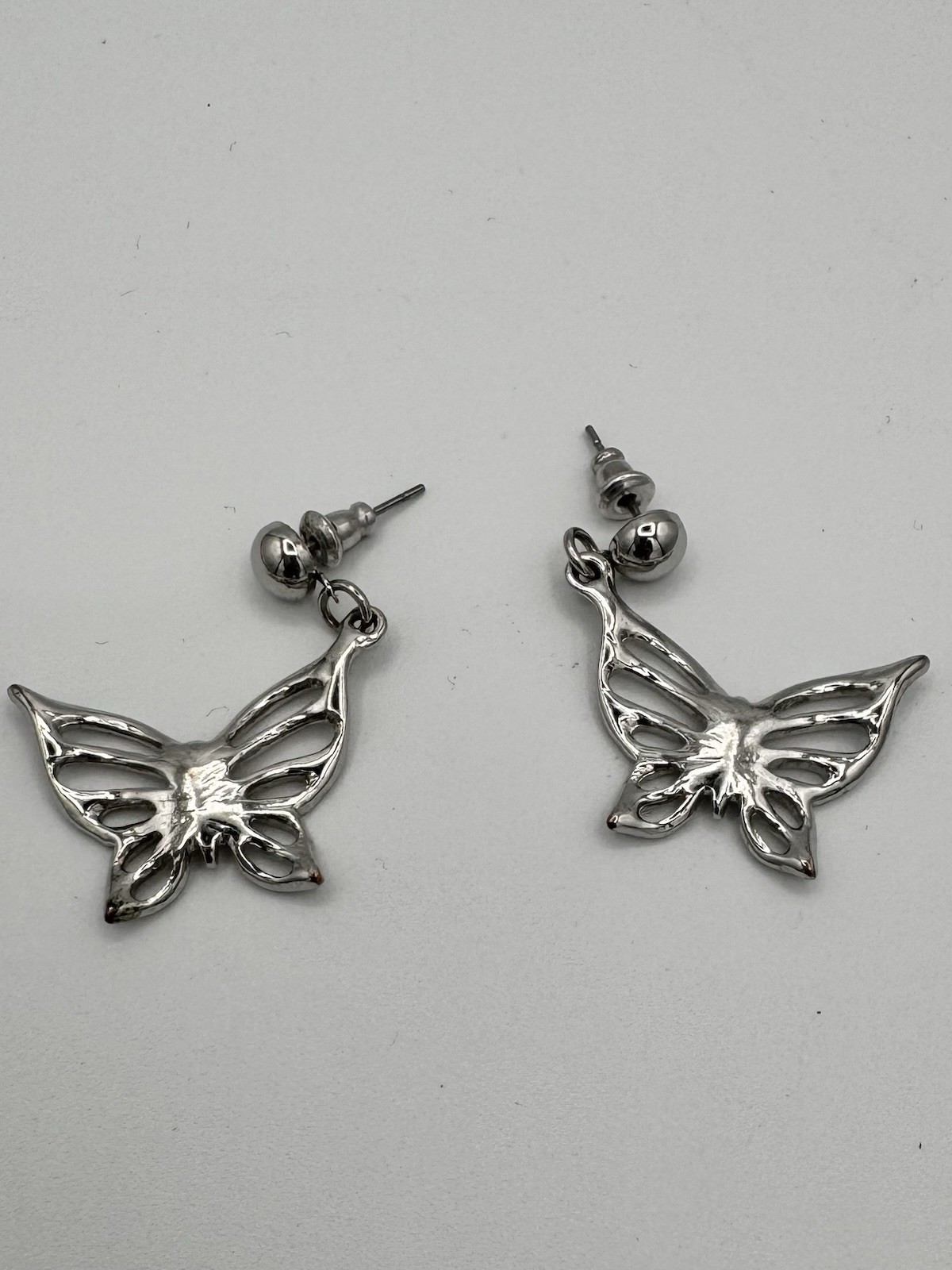 Silver Tone Butterfly Dangle Earrings – Pierced Post with Friction Back