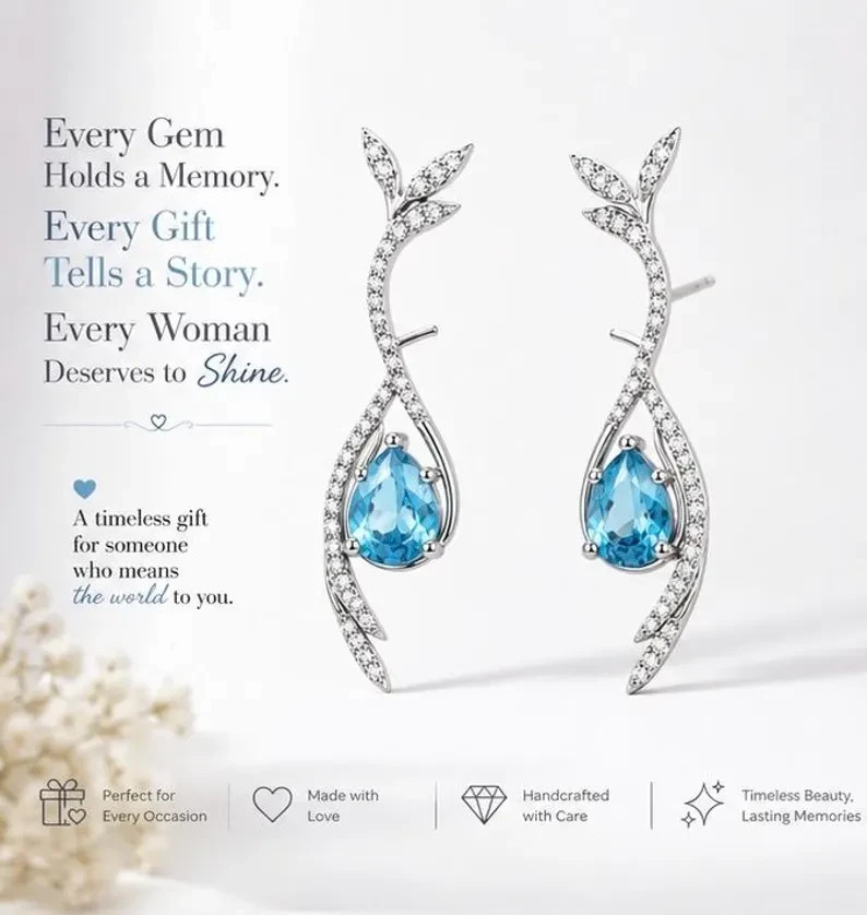 Natural Blue Topaz Earrings 925 Sterling Silver Pear Dangle December Gift