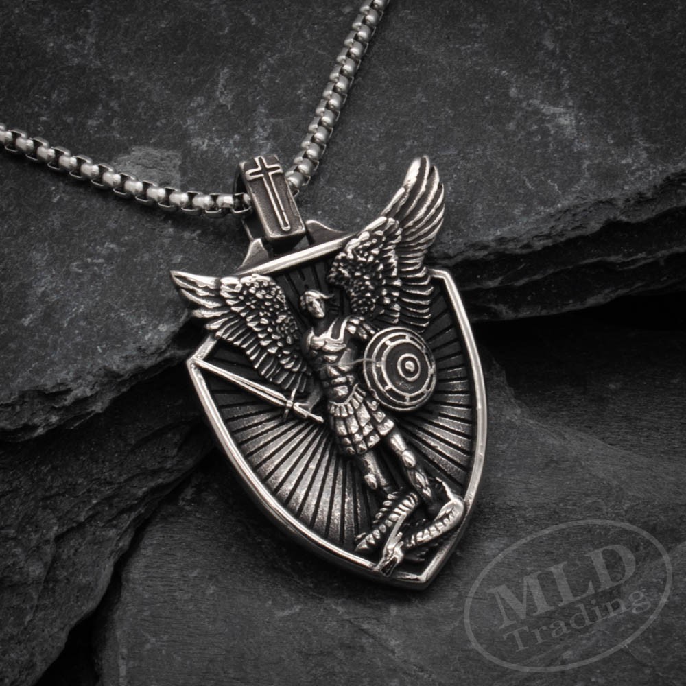Saint St Michael Shield Pendant Necklace – Stainless Steel Archangel 24″ Chain