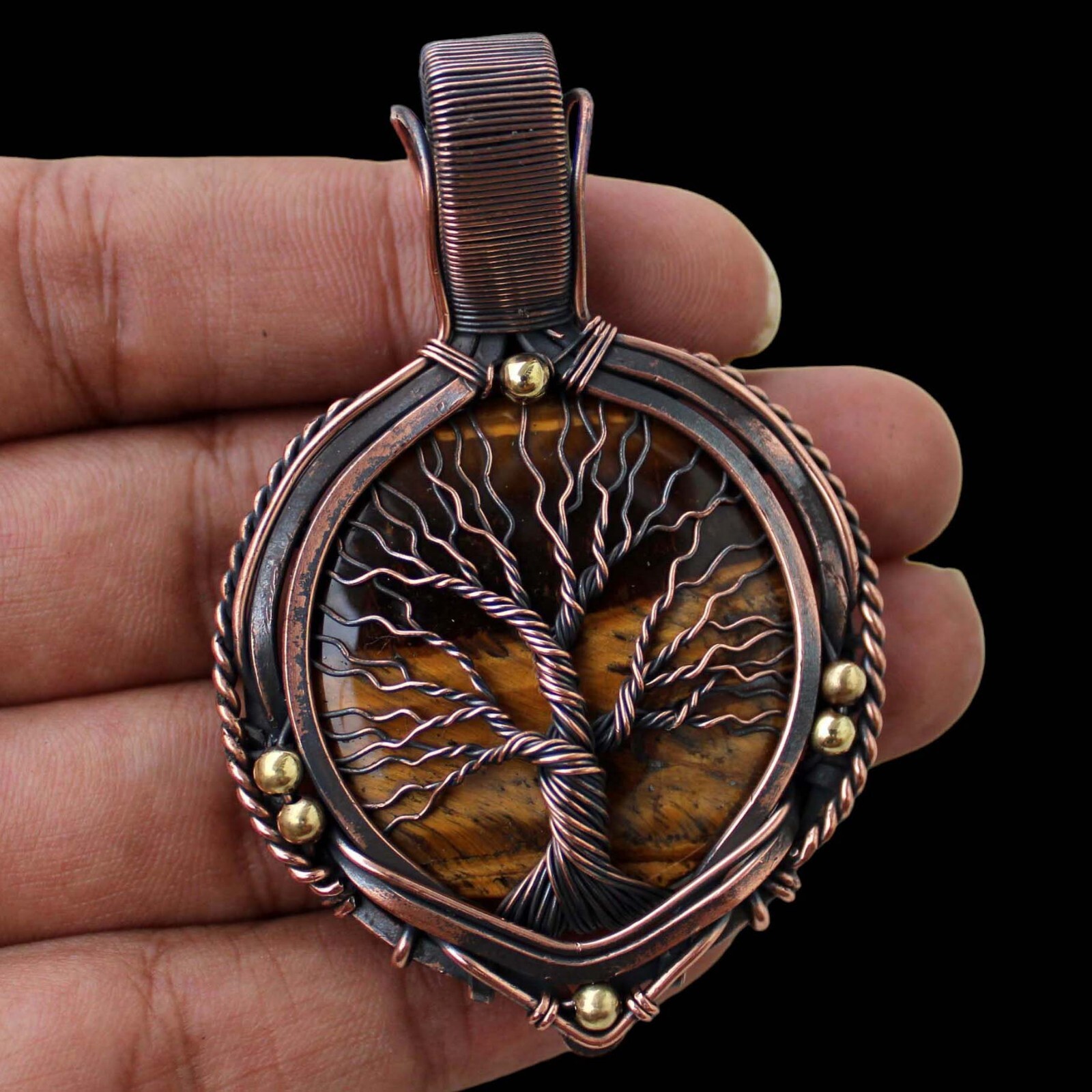 Tree Of Life Tigers Eye Pendant Copper Wire Wrapped Handmade Pendant With Chain