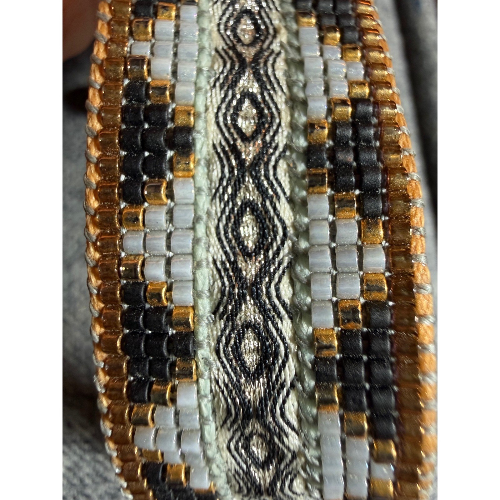 Mishky Woven Beaded Bracelet Gold Black White Adjustable Boho Artisan