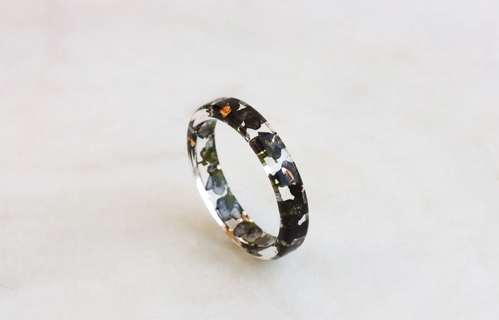 Thin Resin Ring With Pressed Black Flowers and Gold Flakes, Nature Inspired Band