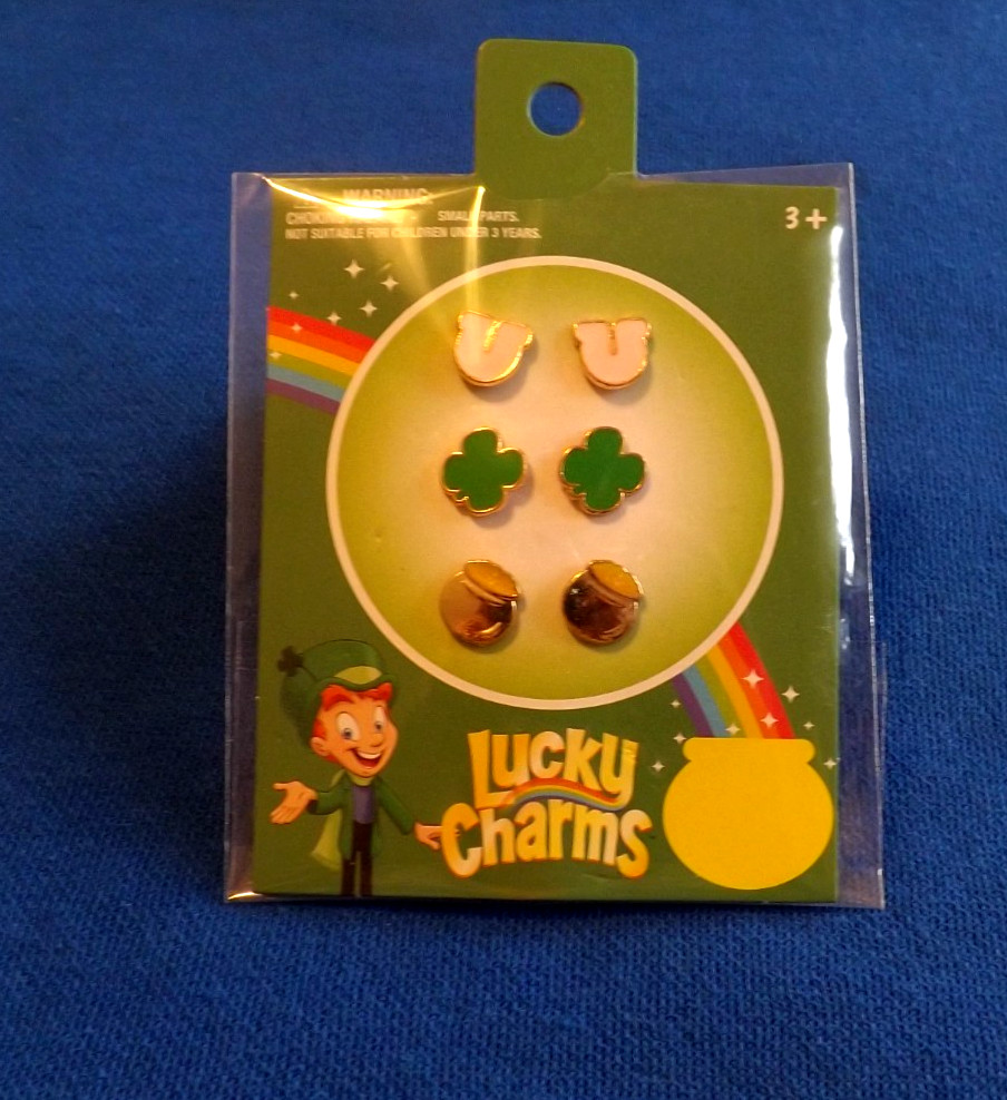 Lucky Charms earrings 3 pack Cereal General Mills 4 Leaf Clover Pot Of Gold