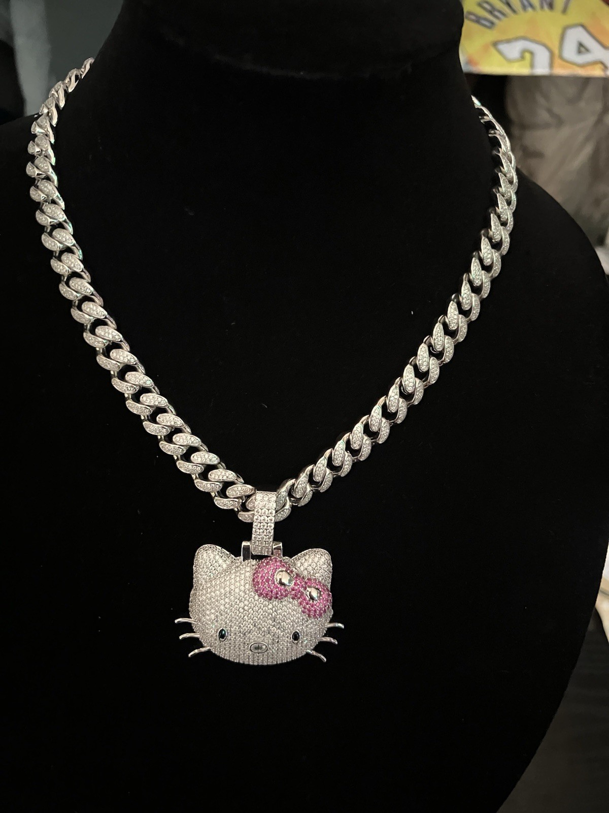 18” iced on top Cuban necklace with 5A cz w hello kitty pendant silver plated