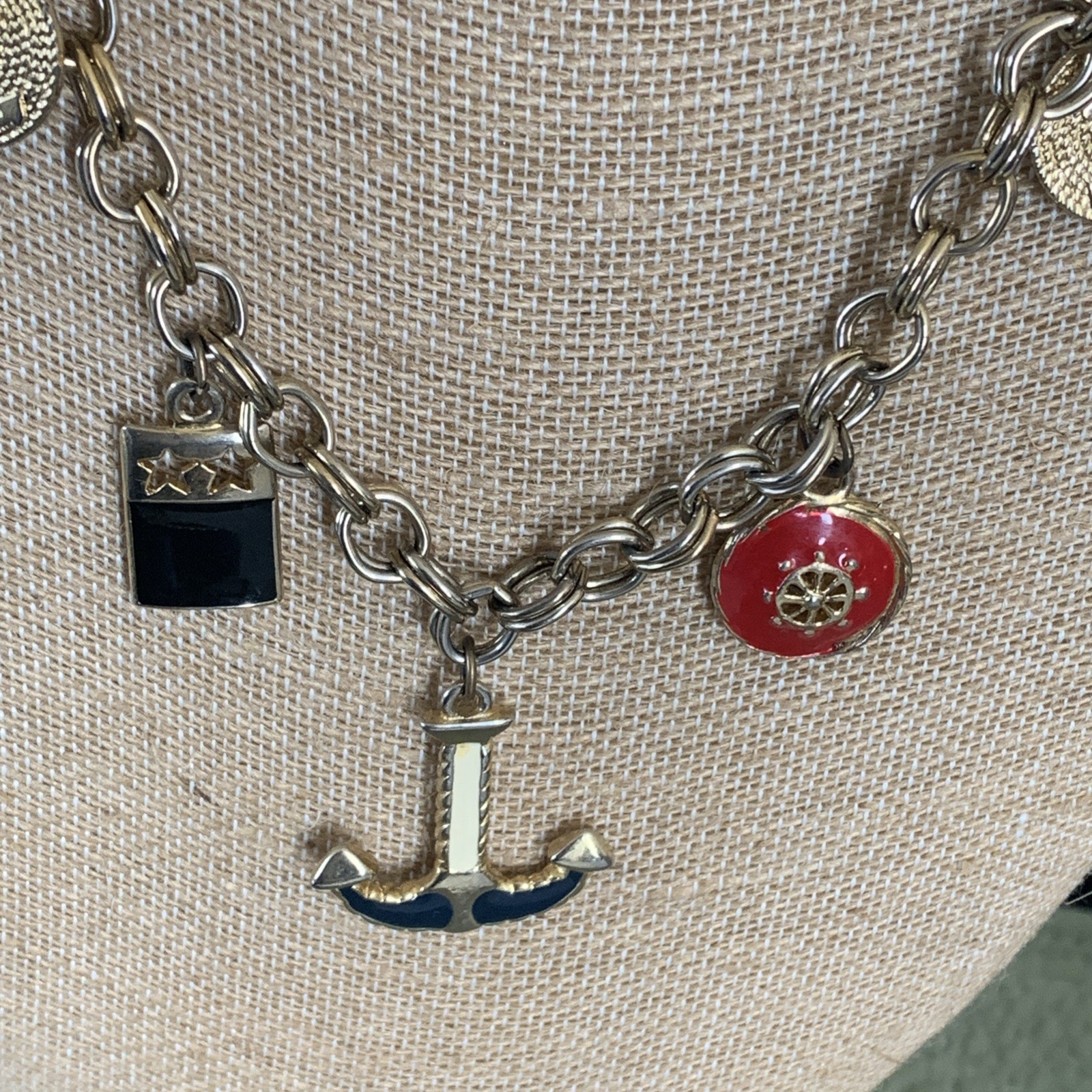 Vintage Nautical Charm Necklace Mid Century Gold Tone Chain Unsigned 32”
