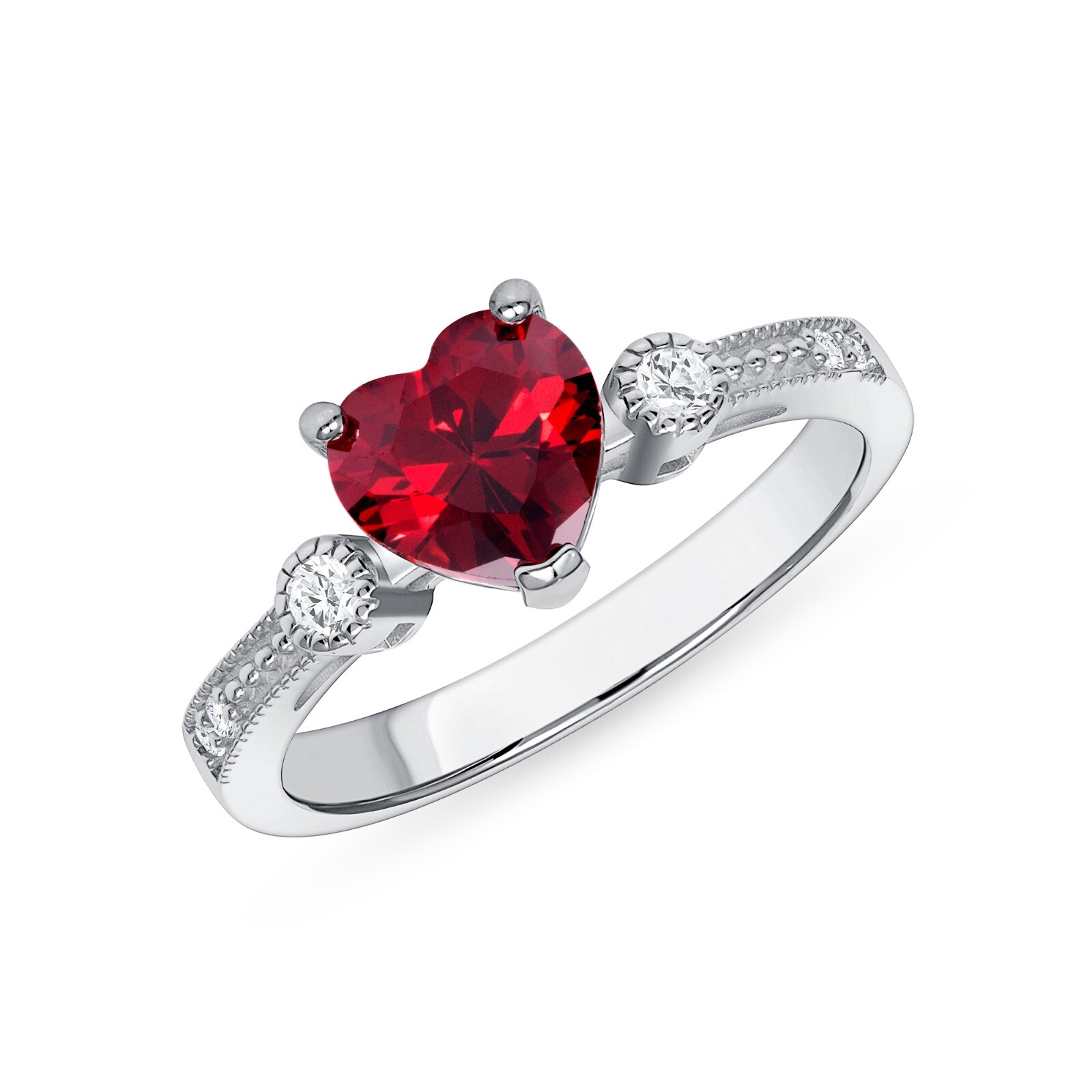 925 Sterling Silver Red Heart Cz Band Promise Ring Rhodium Plated Nickel Free