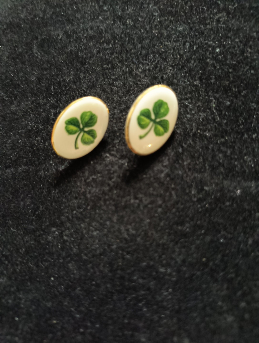 Shamrock Irish Luck Gold Tone Oval Ceramic Enamel Post Back Earrings