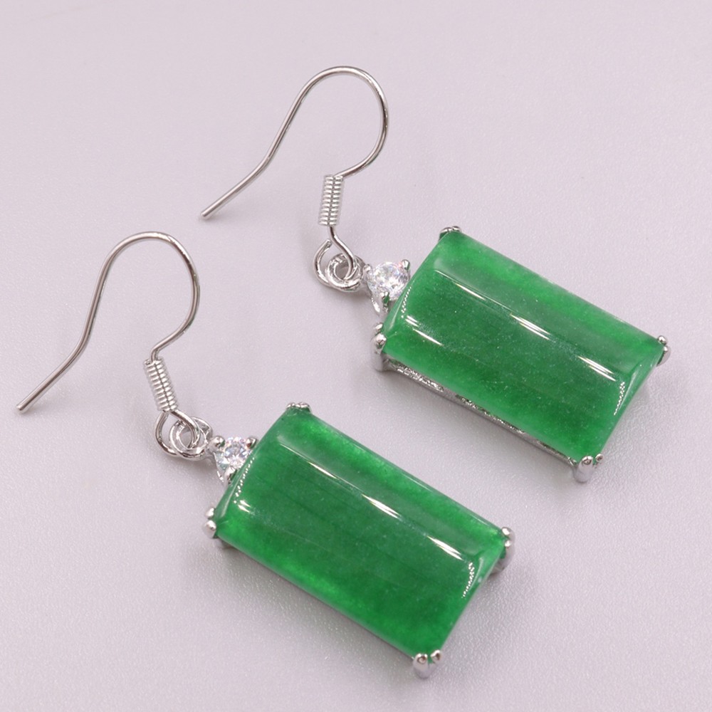 Yellow Plated Alloy Heated Green Jade Rectangle Charm Dangle Earrings 38mm H