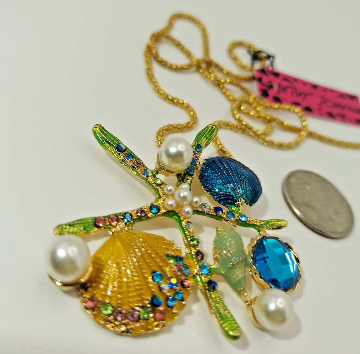 Betsey Johnson Pearl Starfish Seashell Necklace Gold Teal Green Rhinestone-Gift