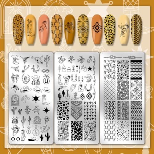 3pcs Wild West Nail Stamping Plates, 88 Patterns Western-Theme Nail Art