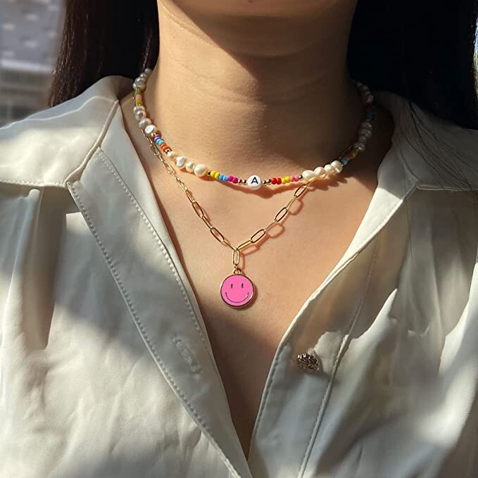 Pink Smiley Face Paperclip Necklaces, Gold Chain – Positive Happy Jewelry