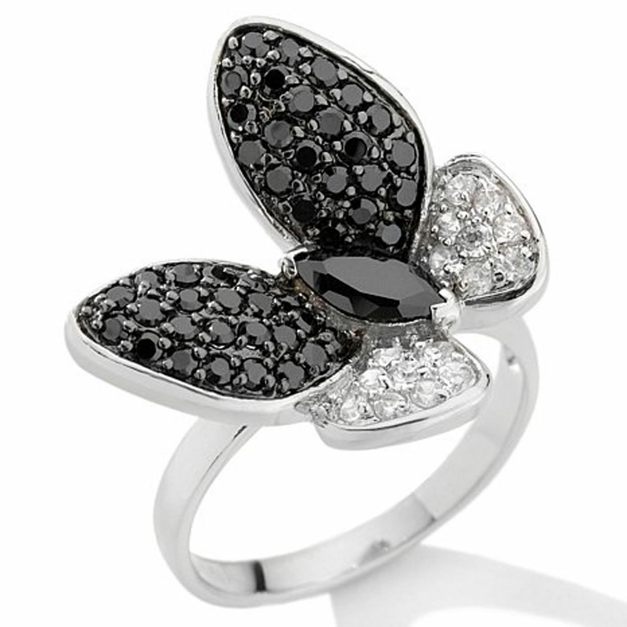 2.60 Ct Black & White Simulated Diamond 14k White Gold Plated Butterfly Ring