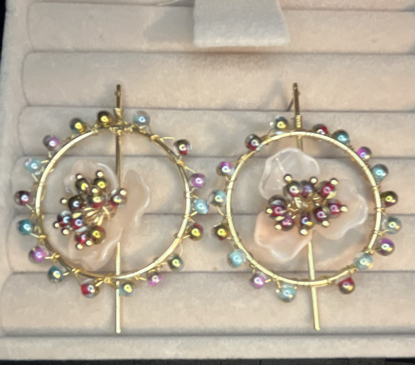 Gold Tone Hoop/Stud Earrings Multicolor Beads Pink Flower Post Closure Lobe