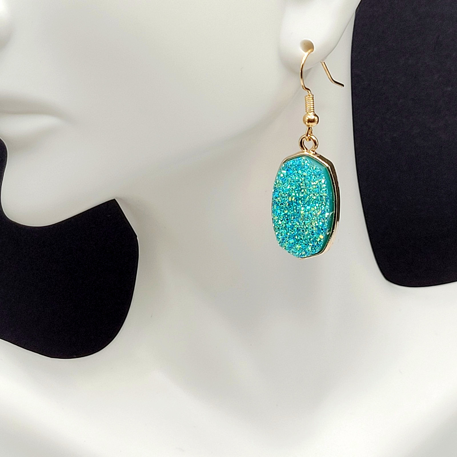 Modern Sparkle Faux Druzy Turquoise Color Gold Tone Pierced Hook Dangle Earrings