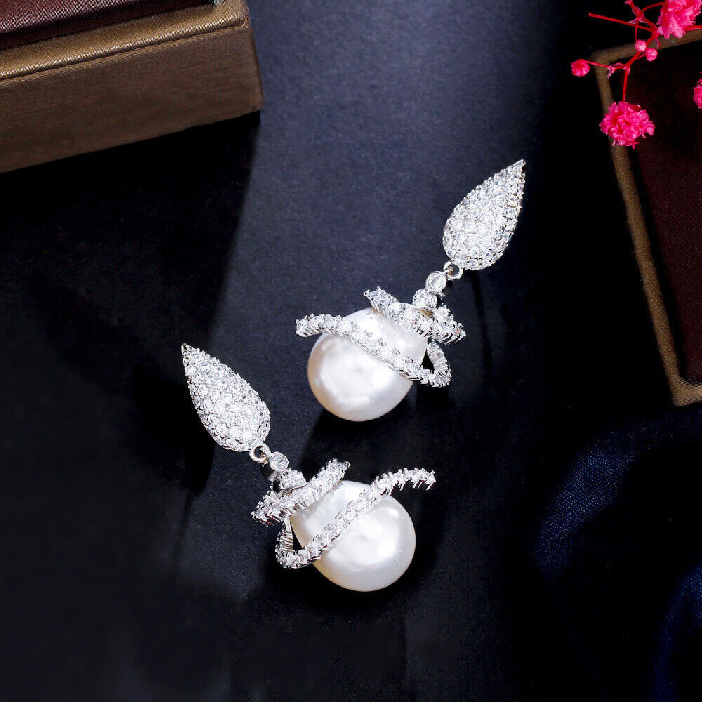 Silver Plated White Symmetrical Rotating CZ Drop Dangle Pearl Earrings for Women