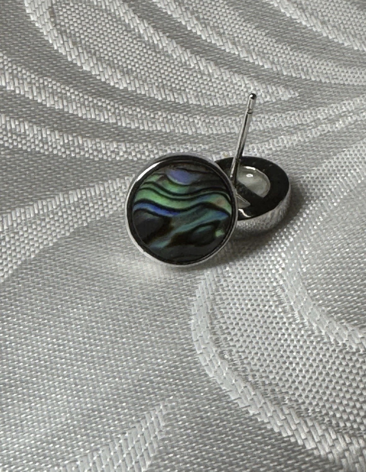 Silver Tone Round Abalone Shell Stud Earrings 16mm Bezel Setting Butterfly Back