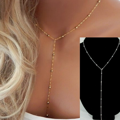 Dainty Silver Gold Choker Lariat Necklace Bead Station Y Drop Chain Simple New