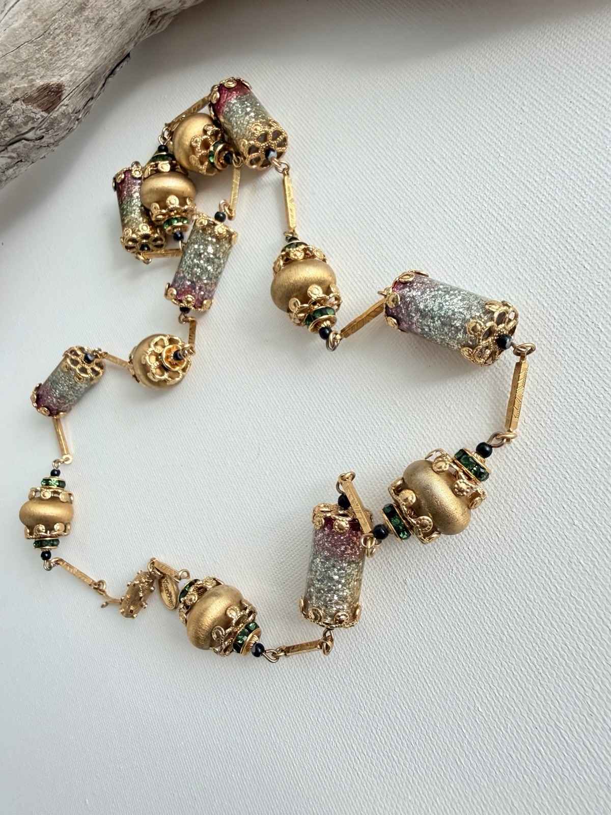 Vintage Vendome Necklace Gold Tone Pink Green Glitter Beads Signed