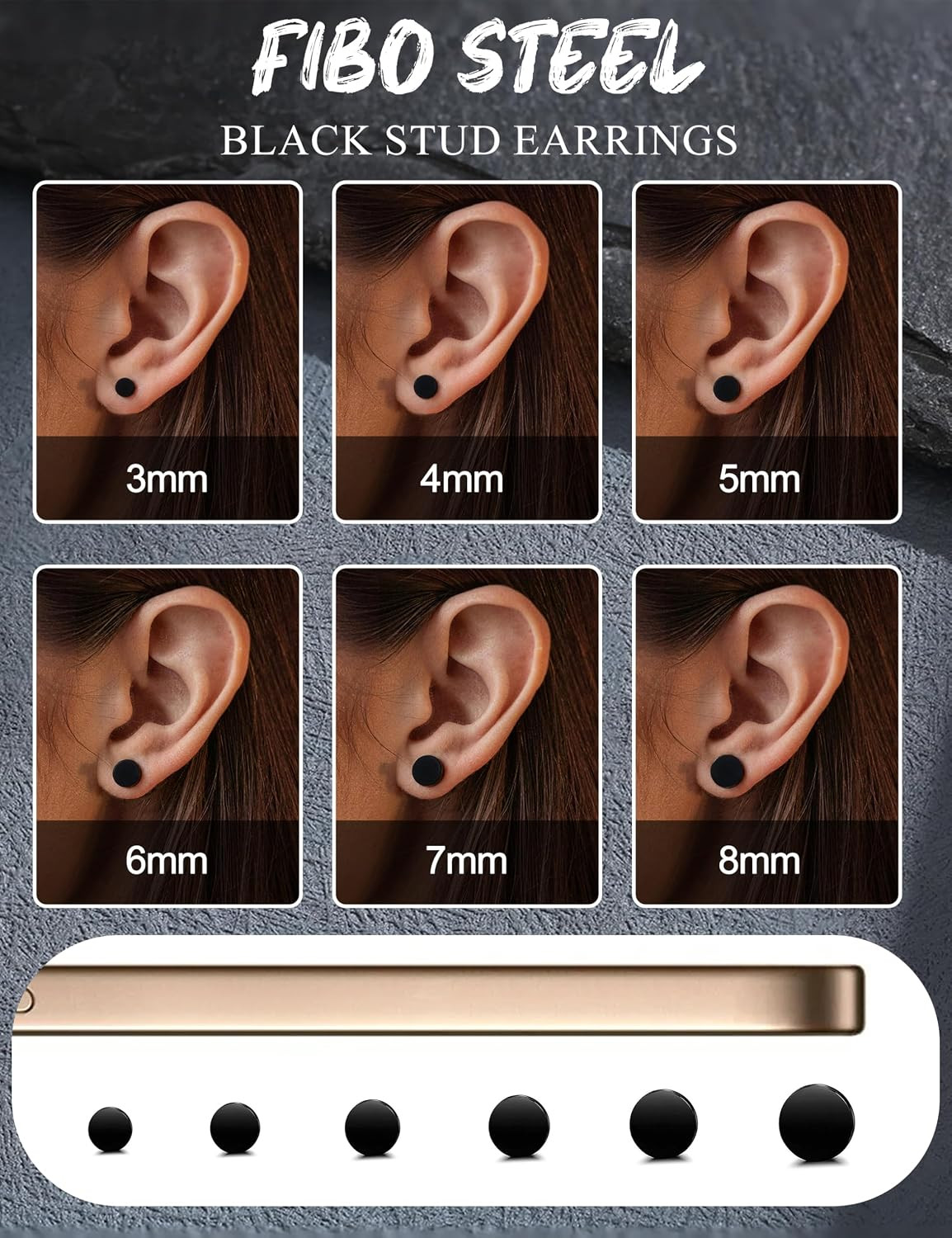 6 Pairs Stainless Steel Black Stud Earrings for Men Women Faux Gauges Ear Tunnel