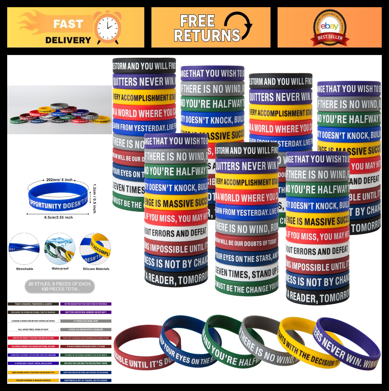 Inspirational Silicone Wristbands – 100 Pcs Motivational Bracelets for Fitness &